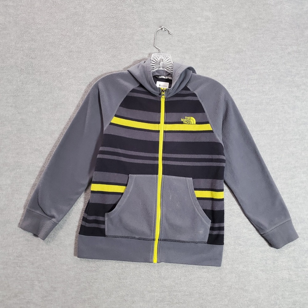 The North Face Boys Sweatshirt Medium Gray Striped Hoodie Pockets Full Zip‎